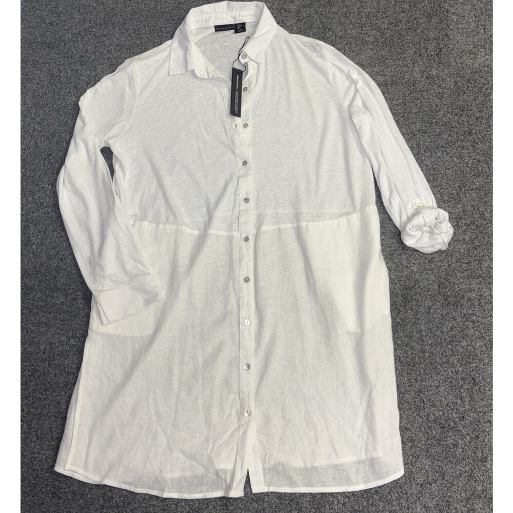 NWT TAHARI White LINEN BLEND Button Down Shirt Dress Beach Cover Size Med